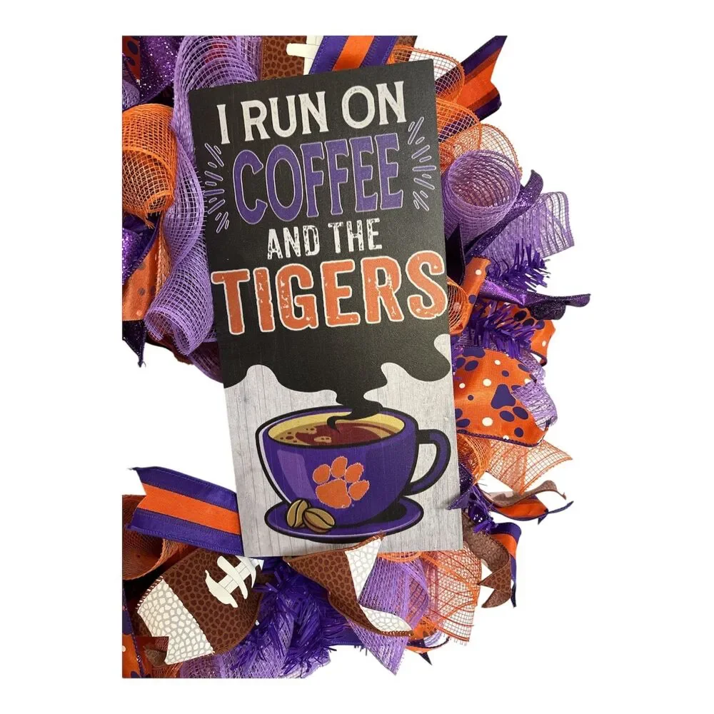 Clemson Football Wreath | ACC Tigers Door Decor | Orange Purple Mesh Game Wreath